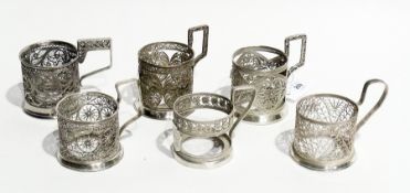 Various Russian white metal tea glass holders, filigree pattern (6)