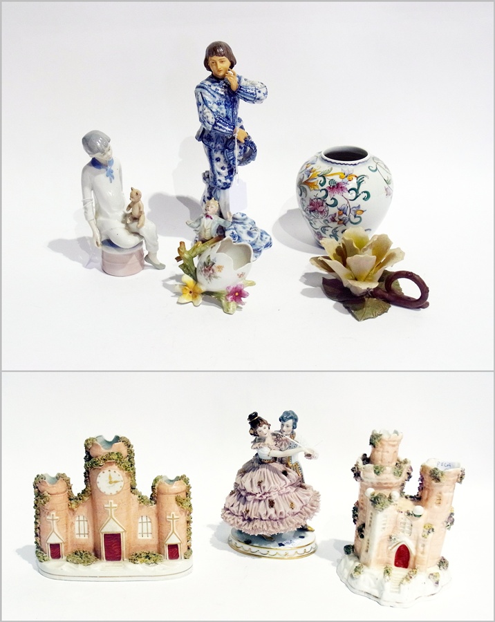 Two 19th century Staffordshire flat-back castle ornaments, Portuguese pottery vase, Capodimonte