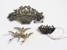 Diamante set basket of flowers brooch, marcasite crown brooch and another marcasite swan brooch