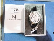 A T&J radio controlled talking wristwatch with white enamel dial and sweep second hand, boxed