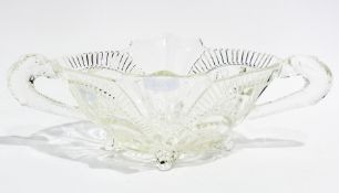German Brockwitz pressed glass fruit bowl with dolphin pattern handles and snail feet, circa 1941,
