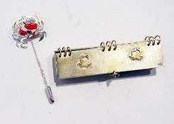 A Chinese white metal crab toothpick with box and a lapel pin, silver and enamel, by Philip Webley