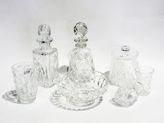 A cut-glass spirit decanter, square and the stopper, cut-glass biscuit barrel, cut-glass fruit bowl,