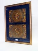 A framed and mounted papier mache and leather hinged folder cover, floral decorated in enamel and
