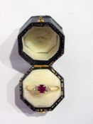 Ruby and diamond dress ring, set rectangular ruby and small diamonds to the shoulders