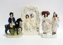 A 19th century Staffordshire pottery flatback figure "Dick Turpin" and two others, pairs of