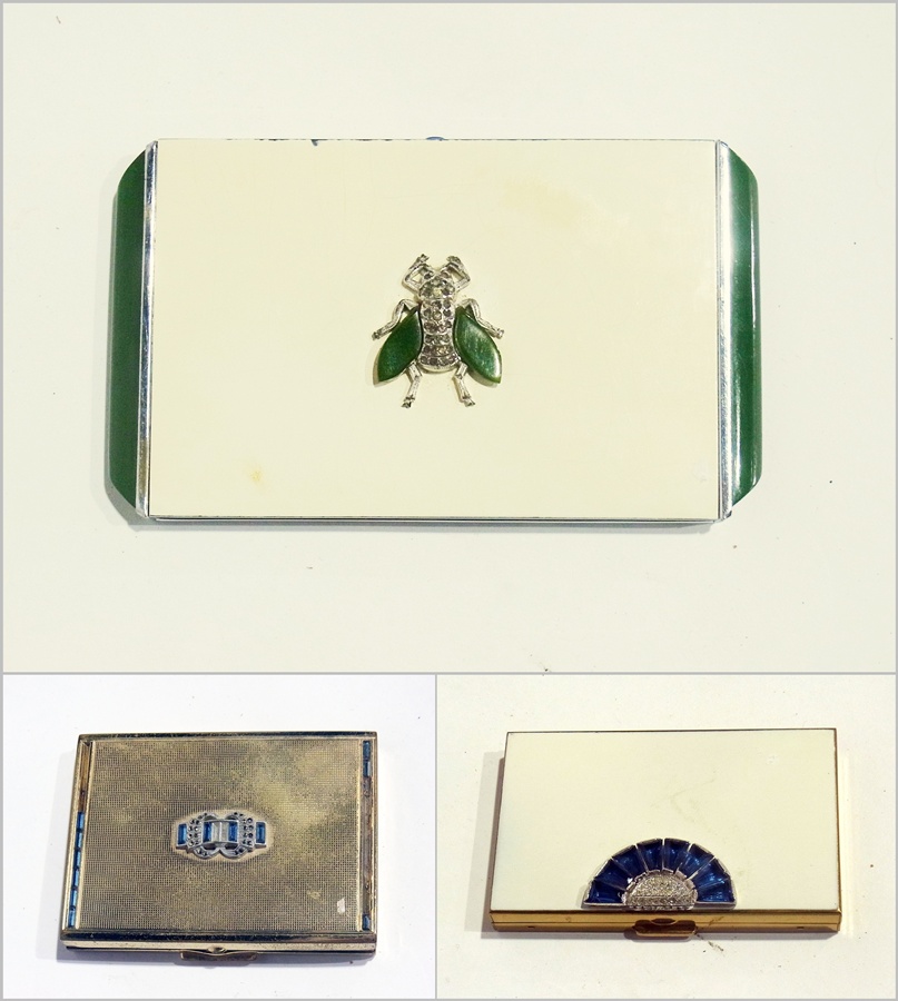 Three various decorative compacts, mid 20th century including gilt engine turned rectangular compact