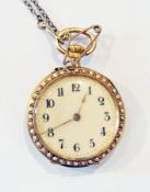 Lady's 18K gold, diamond and enamel fob watch, the white enamel dial with Arabic numerals, seedpearl