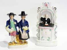 Staffordshire flatback figure of a gentleman and lady with baskets and a Staffordshire flatback