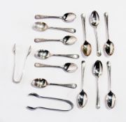 A set of six Edwardian silver coffee spoons, with bright-cut foliate engraving, a set of six rat-