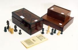 Mahogany box with cross banding, containing a chess set ( not counted) with instructions,a small box