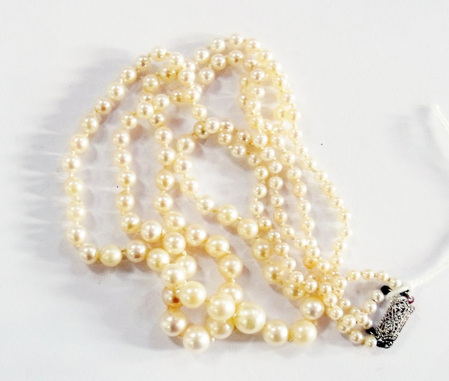A cultured pearl double strand pearl necklace with 10K clasp