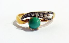 Gold, turquoise and diamond ring, set single circular turquoise, claw set, beside seven graduated