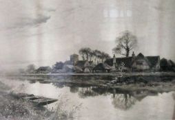 Print 
After B. W. Leader 1883
Thatched cottage with river in foreground with punt
54 x 29cms