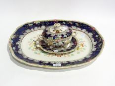 Mason's ironstone oval meat plate and a sauce tureen and stand, both transfer-printed and
