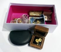 A quantity of costume jewellery to include:- earrings, brooches, bangles, coins, etc. (1 box)