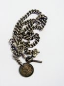 Silver curb-link Albert chain with Victorian coin fob and metal watch key, 69g total