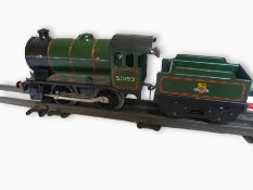 Hornby tinplate 'O' gauge 0-4-0 locomotive with tender, 50153, first and third class coaches and