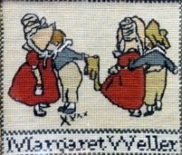 Four tapestry samplers by H Jones, Rose Lewellyn, Margaret Weller and M.E Littlewood depicting