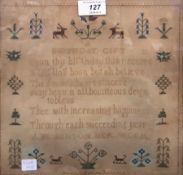 Victorian embroidered sampler "A Birthday Gift" by A Ashton, 26cm wide