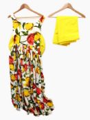 1950's long dress red, yellow and green large floral design with oversized bow back and matching