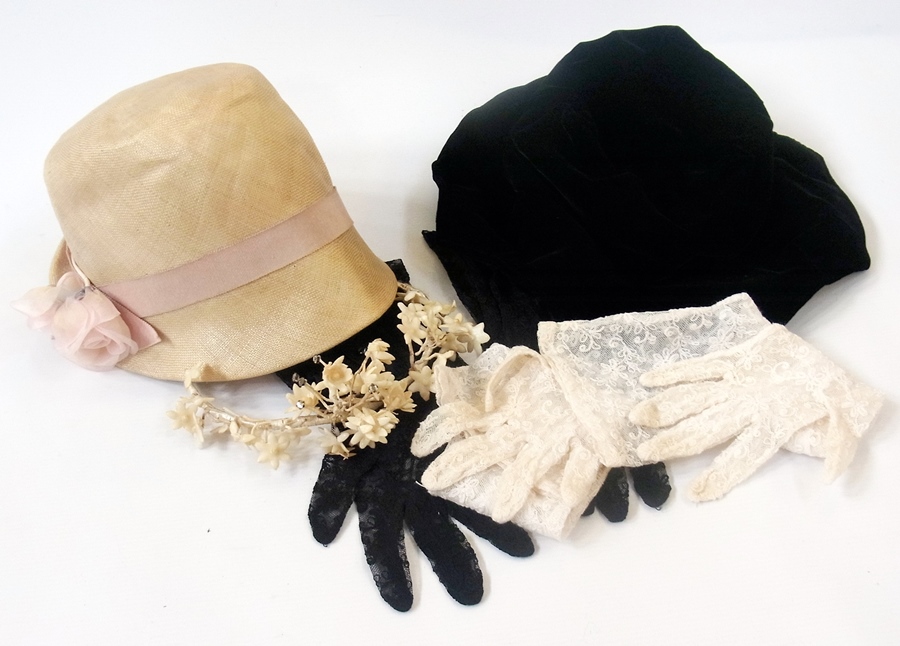 1930's shawl, lace gloves, wax head-dress, black velvet hat (1 box)
