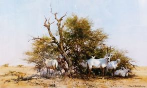 Colour print 
After David Shepherd (b.1931) 
"Arabian Oryx", wildlife scene, 931/1500, signed