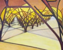 Oil on board
Barbara Neville-Shaw 
"The Orchard", abstract scene in yellow and brown, signed to