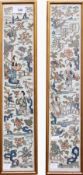 Pair oriental silk embroidered panels, figurative and floral motifs, both 51cm x 10cm, unframed (2)