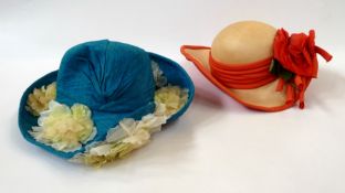 A Miss Agget, Oxford turquoise wedding hat with white flowers, in box and another Miss Agget wedding