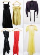 A vintage John Selby gold strappy evening dress, a purple evening jacket, a black long evening