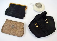 Early 20th century clutch, with Art Deco diamante-style clasp, another clutch with bakelite clasp, a