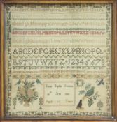 Mid ninetieth century sampler with alphabet birds and flowers by "Lucy Sophia Jewson 30th June 1846"