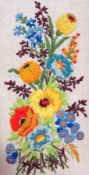 Five modern embroideries of flowers and a poem, varying sizes (5)