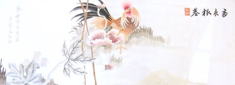 Oriental embroidered picture of a cockerel, a black and white watercolour of birds on a branch and a