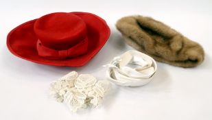 A Pandora fur hat, an Arkit shirt, other shirts, cummerbund, lace items, etc. (1 box)