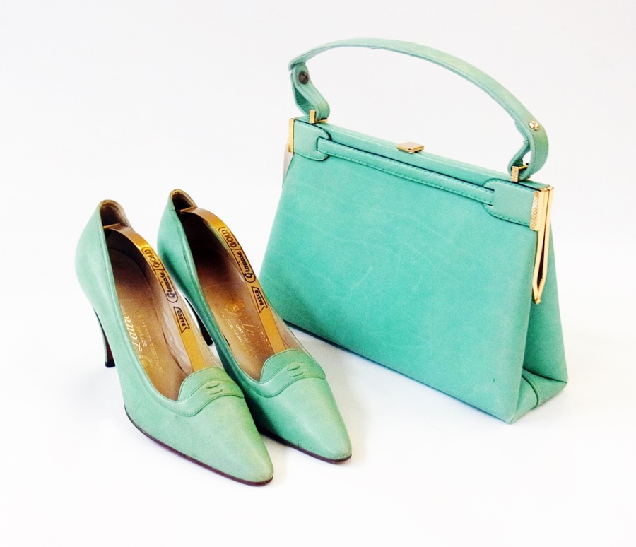 Loewe turquoise leather Kelly style bag with matching pair pointed heeled court shoes, marked (