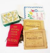 Two needlework sampler books, 1952 sampler, a red sash etc (1 box)