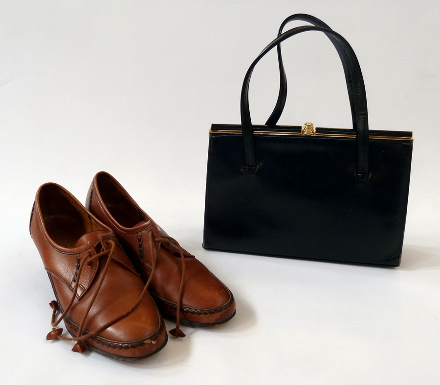 A quantity of leather handbags, Barker brown leather shoes, Vera Mont sequinned dress, evening bags,