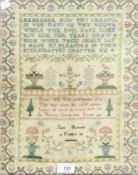 19th century sampler with verse, trees flowers and birds, floral border by Jane Bennett 1828, 39 x