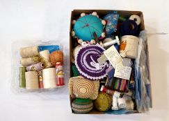 A quantity of pincushions and assorted thread (3 boxes)