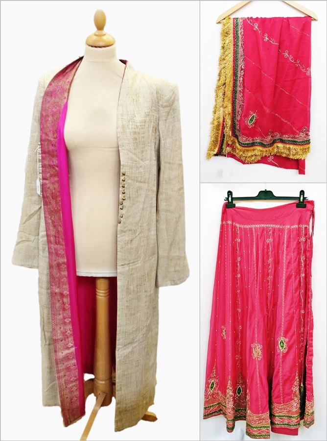 A long middle-eastern jacket made of sari material, fuschia pink lining, and a vintage pink Indian