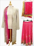 A long middle-eastern jacket made of sari material, fuschia pink lining, and a vintage pink Indian