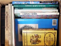 A quantity of books on samplers, lace, embroidery, etc. (1 box)