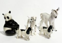 Two Beswick long-eared Spaniels, black and white, Midwinter pottery dalmatian, pottery model