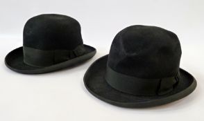 Two black bowler hats and a brown leather suitcase (3)