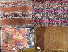 A tapestry pillow, two others, a brown throw, a piece of material, curtain material and other