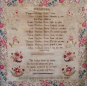 Victorian sampler listing family birth dates, by Ann Button 1859