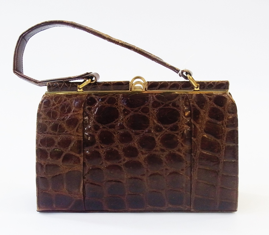 Riviera brown crocodile Kelly style bag with suede lining