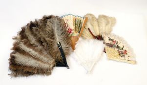 Two ostrich feather fans (af), a white feather fan, a wooden fan and another